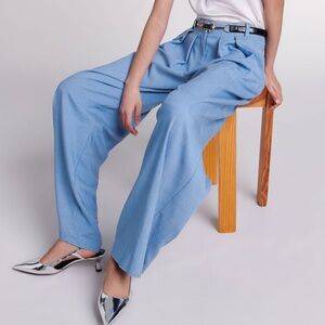 MAJE Wide Leg Suit Blue High Rise Pleated Pants Trousers